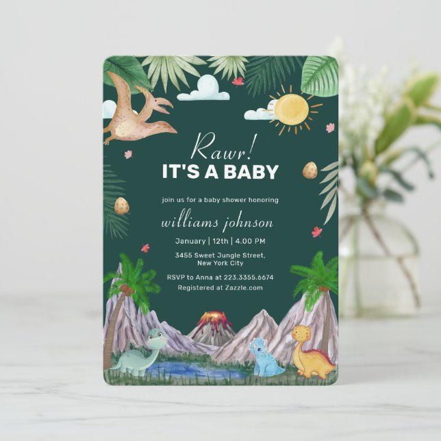Invitation Fête de naissance de bébé dinosaure Volcan Rawr Ve (Debout devant)