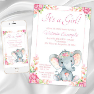Invitation Fête de Naissance de Bébé Éléphant Fille Mignonne