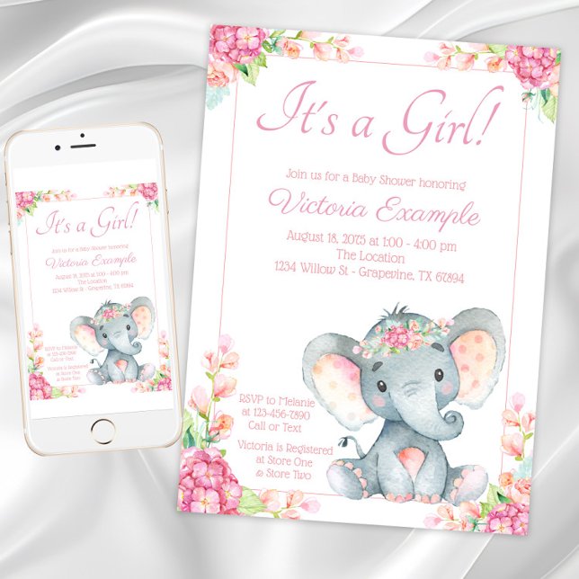 Invitation Fête de Naissance de Bébé Éléphant Fille Mignonne (Cute Girl Elephant Baby Shower Invitation. Instant download and printed invitations available.)