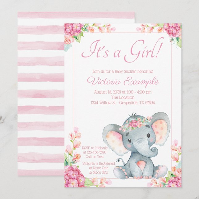 Invitation Fête de Naissance de Bébé Éléphant Fille Mignonne (Devant / Derrière)