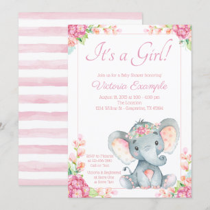 Invitation Fête de Naissance de Bébé Éléphant Fille Mignonne
