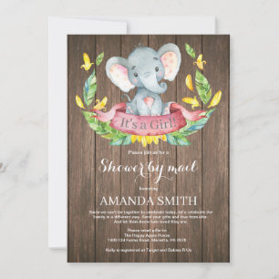 Invitation Fête de naissance de bébé éléphant Rustic Girl par