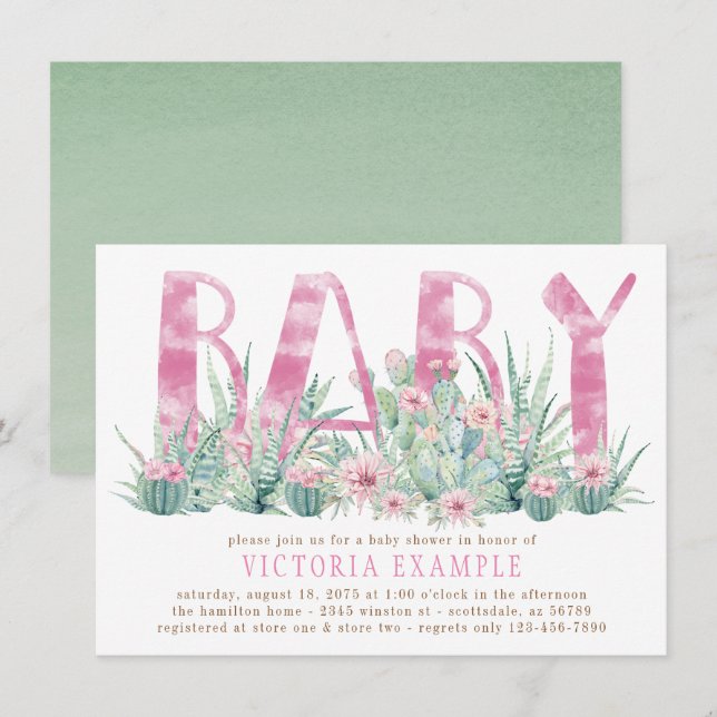 Invitation Fête de naissance de bébé fille à l'aquarelle de c (Devant / Derrière)