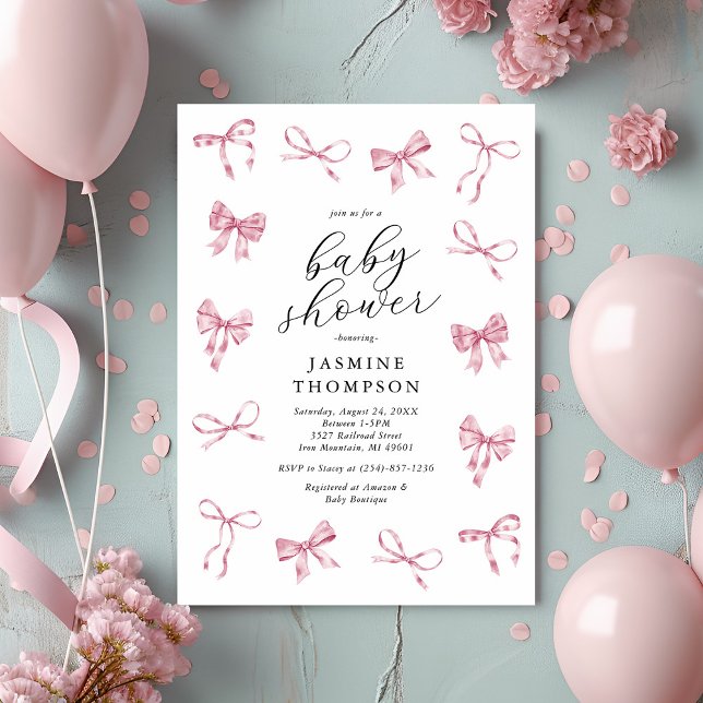 Invitation Fête de naissance de bébé fille à l'arc rose (Créateur téléchargé)