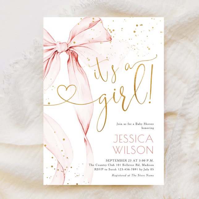 Invitation Fête de naissance de bébé fille à ruban rose (Créateur téléchargé)