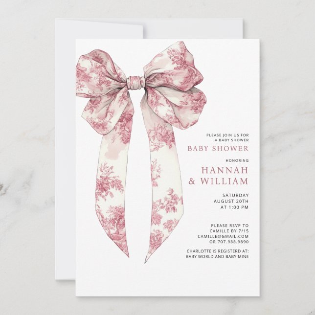 Invitation Fête de naissance de bébé fille à ruban toile rose (Devant)