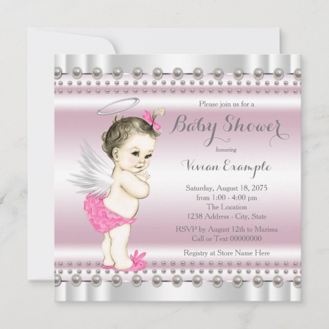 Invitation Fête de naissance de bébé fille, ange perle rose e (Devant)