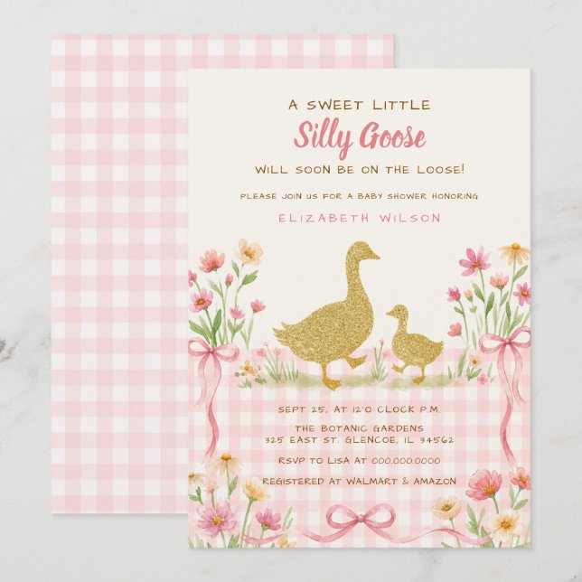 Invitation Fête de naissance de bébé fille au canard rose fle (Devant / Derrière)
