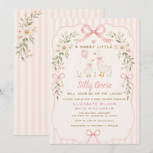 Invitation Fête de naissance de bébé fille au canard rose fle (Devant / Derrière)