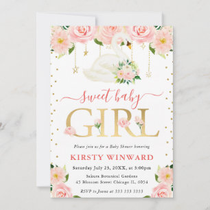 Invitation Fête de naissance de bébé fille au cygne floral aq