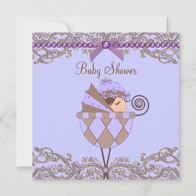 Invitation Fête de naissance de bébé fille au lacet violet br (Devant)