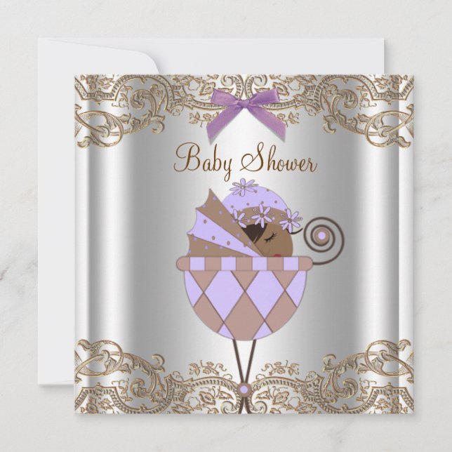 Invitation Fête de naissance de bébé fille au lacet violet br (Devant)