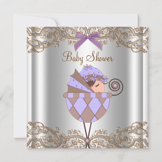 Invitation Fête de naissance de bébé fille au lacet violet br (Devant)
