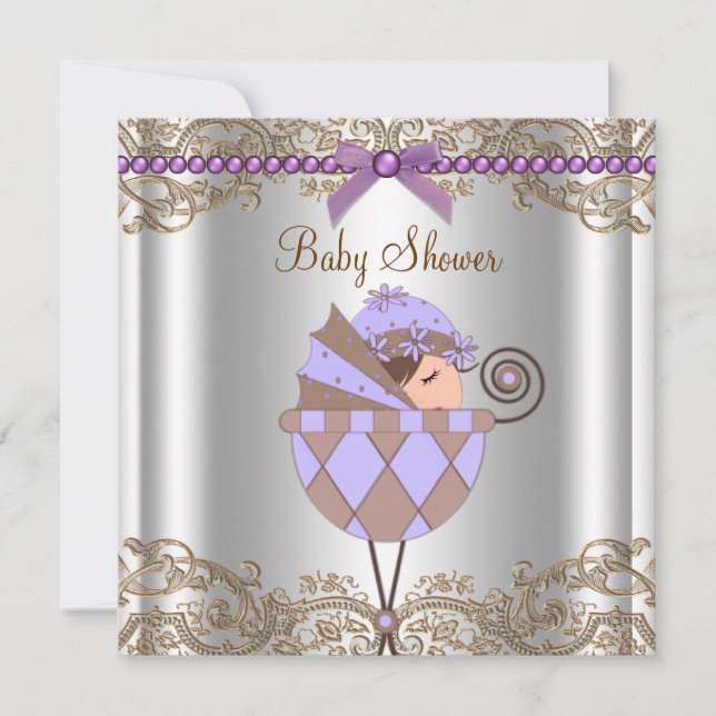 Invitation Fête de naissance de bébé fille au lacet violet br (Devant)