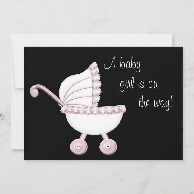 Invitation Fête de naissance de bébé fille au landau rose (Devant)