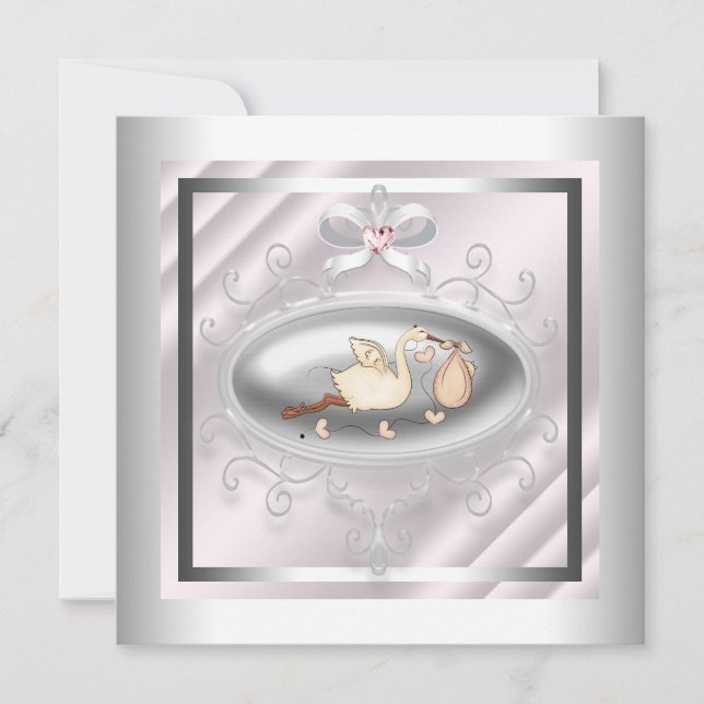 Invitation Fête de naissance de bébé fille au thème cigogne r (Devant)