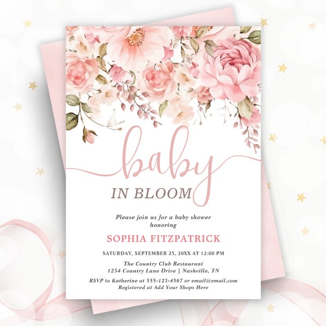 Invitation Fête de naissance de bébé fille aux fleurs aquarel (Baby in Bloom Watercolor Flowers Girl Baby Shower Invitation)