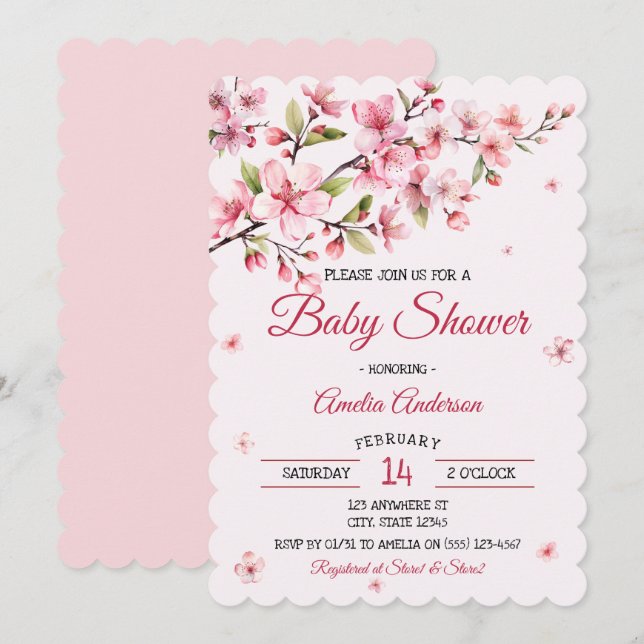Invitation Fête de naissance de bébé fille aux fleurs roses d (Devant / Derrière)