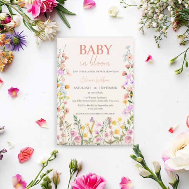Invitation Fête de naissance de bébé fille aux fleurs sauvage (Créateur téléchargé)