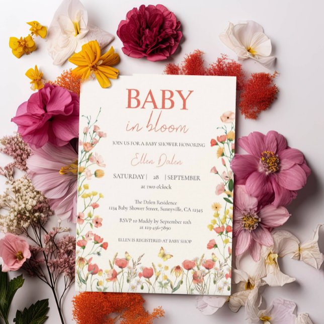 Invitation Fête de naissance de bébé fille aux fleurs sauvage (Créateur téléchargé)