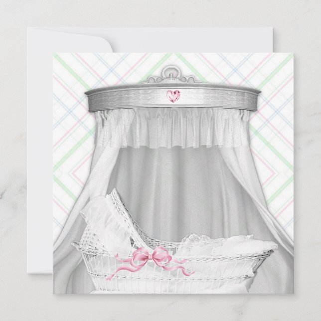 Invitation Fête de naissance de bébé fille avec un berceau bl (Devant)