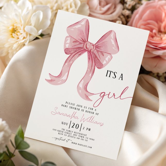 Invitation Fête de naissance de bébé fille avec un nœud rose  (Créateur téléchargé)