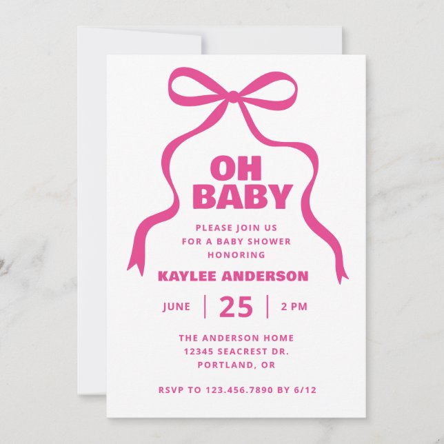 Invitation Fête de naissance de bébé fille avec un nœud rose (Devant)