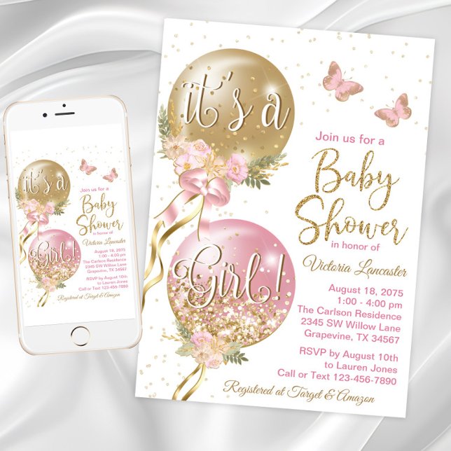 Invitation Fête de naissance de bébé fille Ballon (Girl balloon and butterfly pink and gold baby shower invitation. Digital and printed available.)