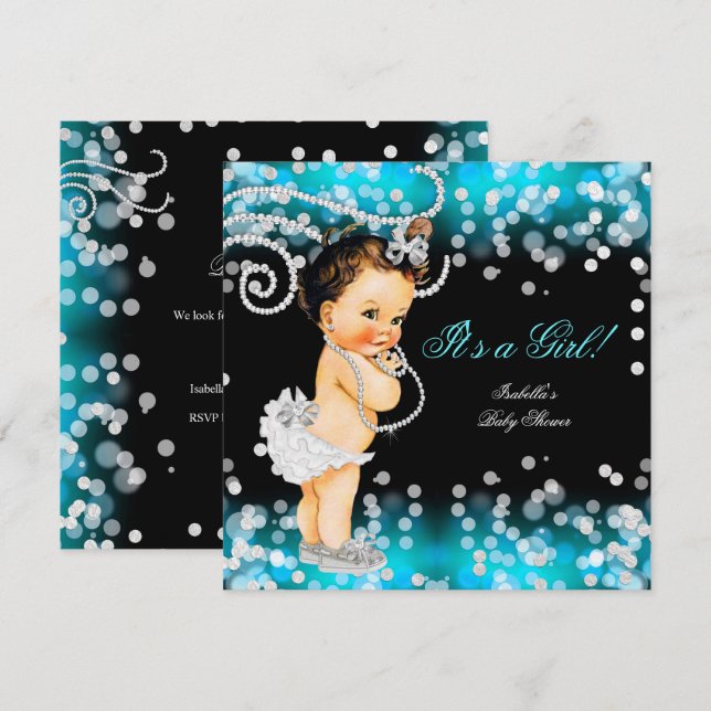 Invitation Fête de naissance de bébé fille bleu sarcelle pail (Devant / Derrière)