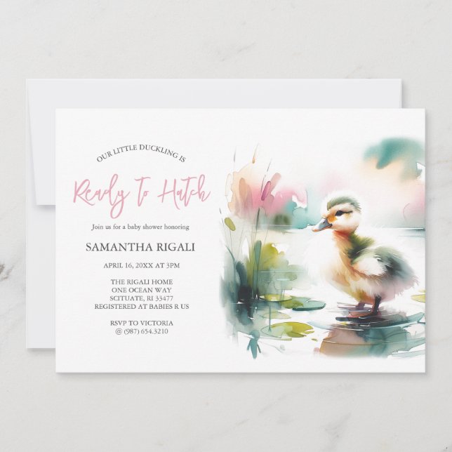 Invitation Fête de Naissance de Bébé Fille Canard Aquarelle M (Devant)