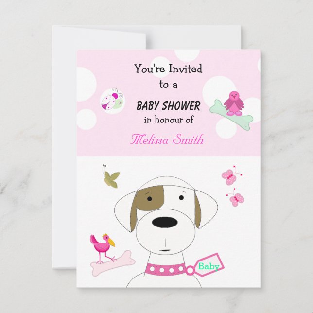 Invitation Fête de naissance de bébé fille Chien de dessin an (Devant)