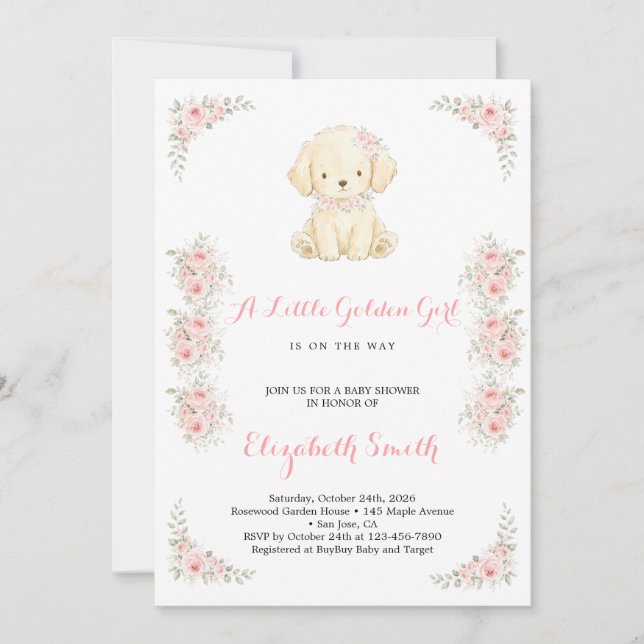 Invitation Fête de Naissance de Bébé Fille & Chiot Golden Ret (Devant)