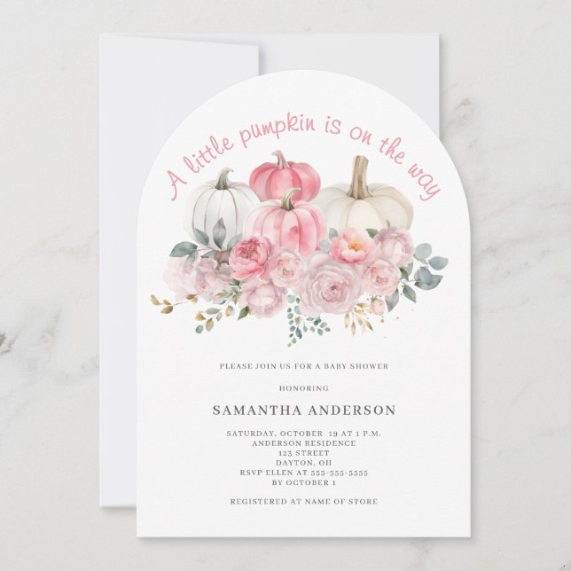 Invitation Fête de naissance de Bébé Fille Citrouille Rose (Devant)