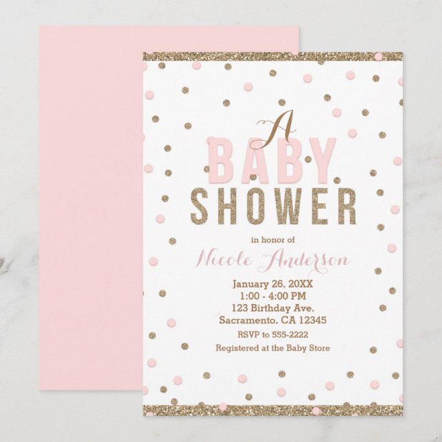 Invitation Fête de naissance de bébé fille Confetti Rose et O (Devant / Derrière)