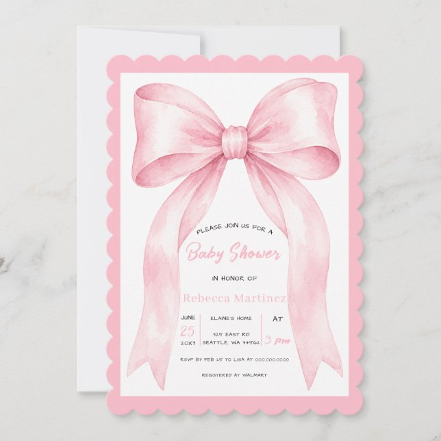 Invitation Fête de naissance de bébé fille Coquette Ruban Ros (Devant)