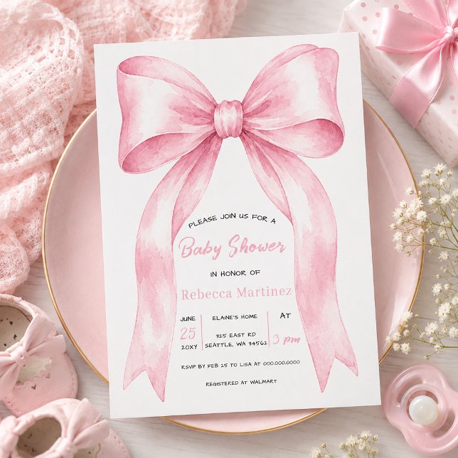 Invitation Fête de naissance de bébé fille Coquette Ruban Ros (Pink Bow Coquette Girl Baby Shower Invitation)