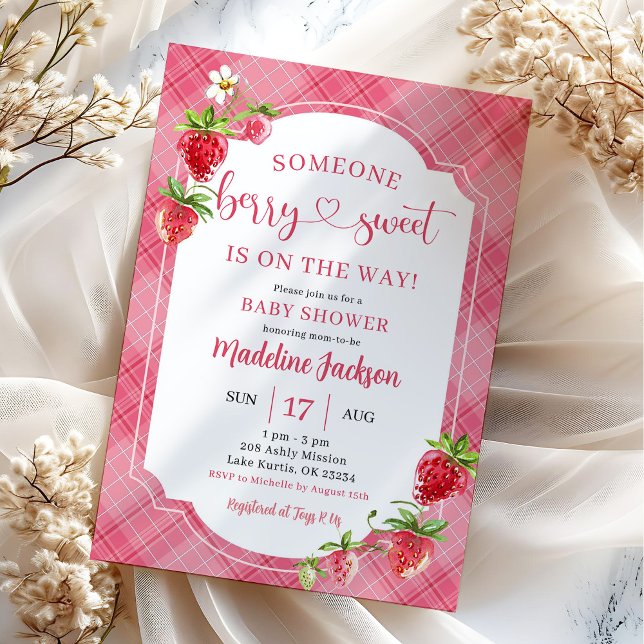 Invitation Fête de naissance de bébé fille douce aux frambois (Créateur téléchargé)