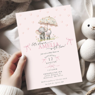 Invitation Fête de naissance de bébé fille éléphant et son bé