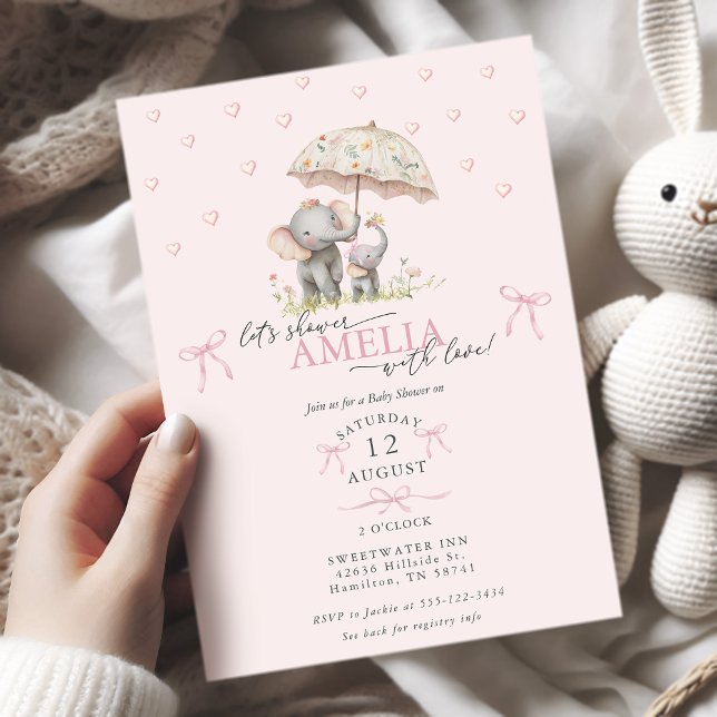 Invitation Fête de naissance de bébé fille éléphant et son bé (Mom & Baby Elephant with Umbrella Baby Girl Shower Invitation)