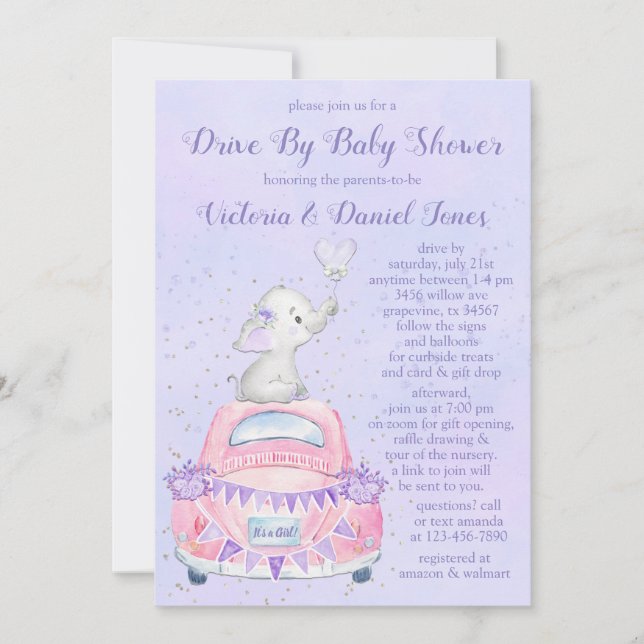 Invitation Fête de naissance de bébé fille éléphant violet vo (Devant)
