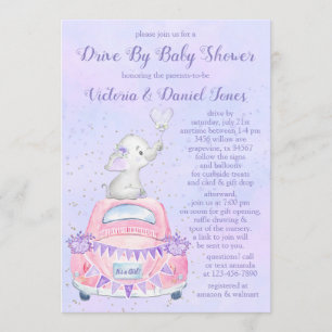 Invitation Fête de naissance de bébé fille éléphant violet vo