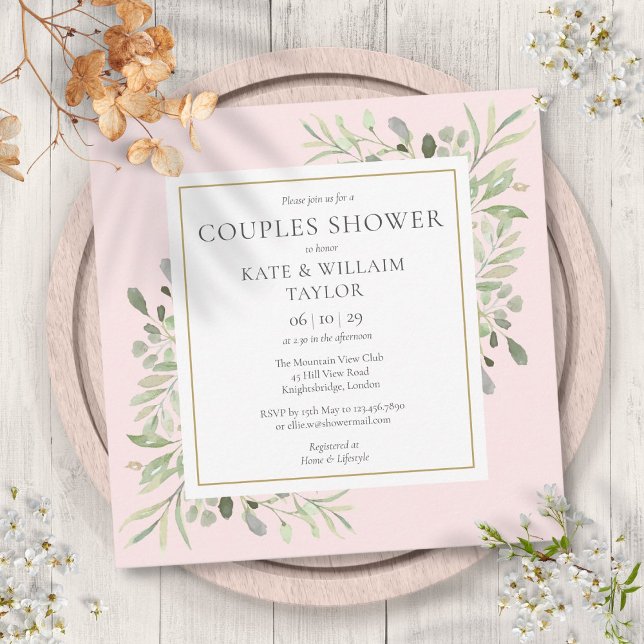 Invitation Fête de naissance de bébé fille en aquarelle rose  (Watercolor Greenery Pink Girl Couples Baby Shower Invitation)