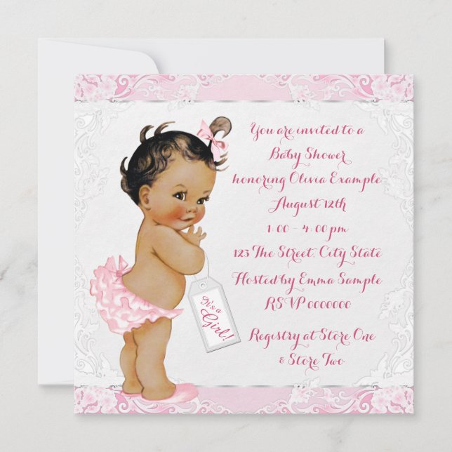 Invitation Fête de naissance de bébé fille ethnique en dentel (Devant)