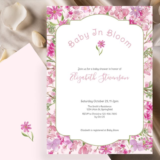 Invitation Fête de naissance de bébé fille Fleur en fleurs Ro (Créateur téléchargé)