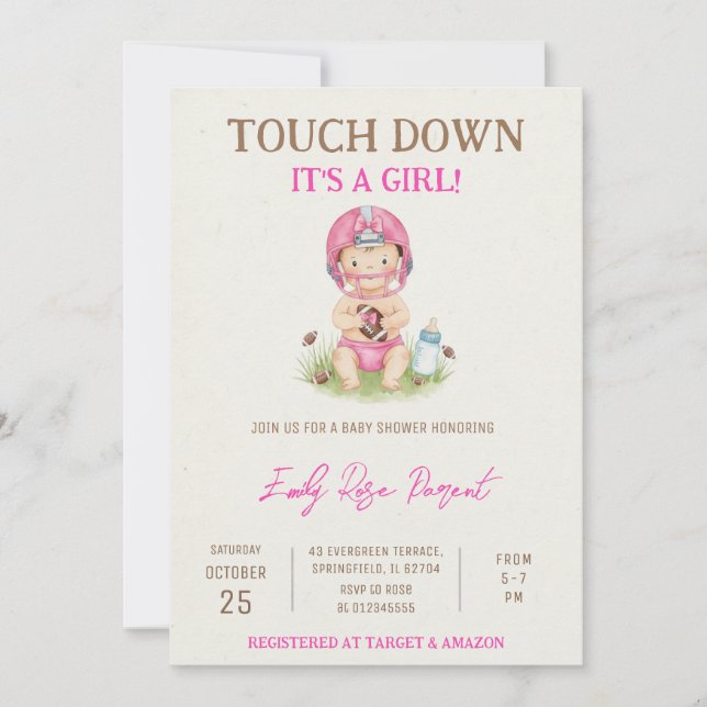 Invitation Fête de Naissance de Bébé Fille Footballeuse Perso (Devant)