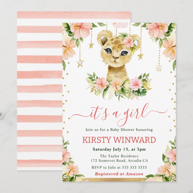 Invitation Fête de naissance de bébé fille Lionceau Floral Aq (Devant / Derrière)