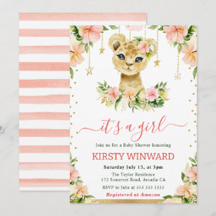 Invitation Fête de naissance de bébé fille Lionceau Floral Aq