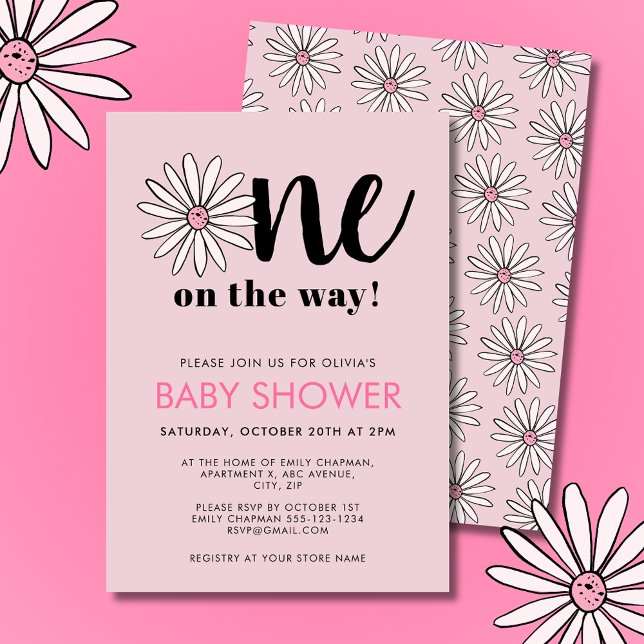 Invitation Fête de naissance de bébé fille Moderne Fleurs de  (Modern pink girls baby shower invitations. Floral daisy One on the way design.)
