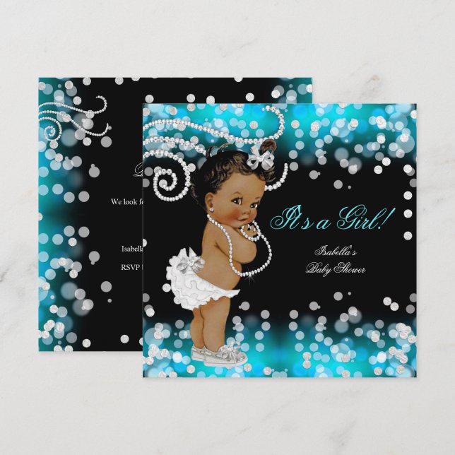 Invitation Fête de naissance de bébé fille Noir Bleu sarcelle (Devant / Derrière)