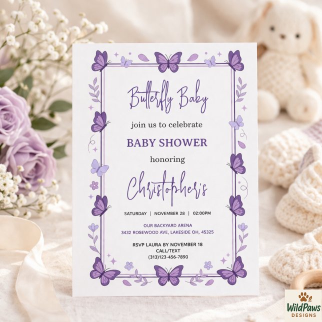 Invitation Fête de naissance de bébé fille Papillon Violet  (Purple Butterfly Baby Girl Baby Shower Invitation
)